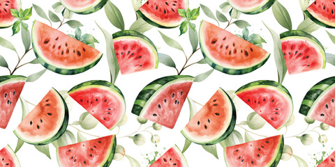 Watercolor tropical seamless pattern with watermelon and leaves illustration
