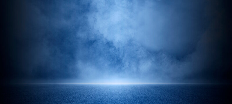 Dark scene road street asphalt blue background, fog in darkness, smoke and mist, neon light, spotlights, night view, Abstract defocused Halloween backdrop, stage shows, floor and studio room