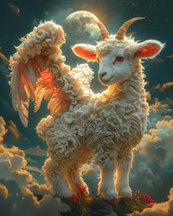 Winged sheep among clouds