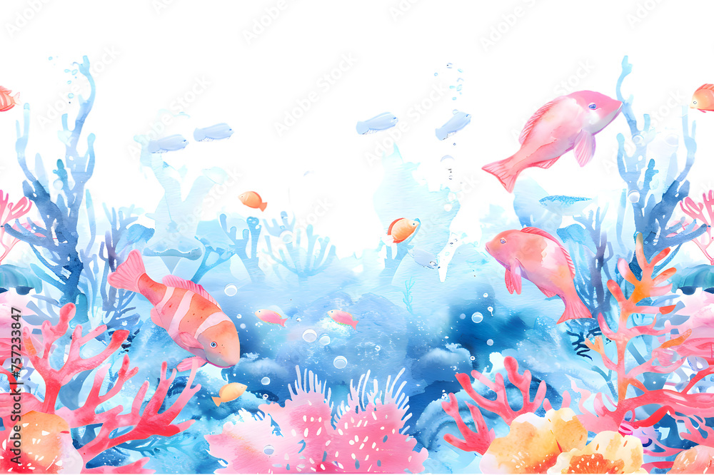 Wall mural Colorful underwater world in watercolor style isolated on transparent background