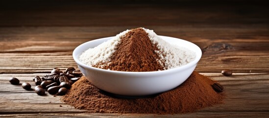 A blend of cocoa powder and coffee beans displayed in a wooden bowl on the table, ready to be used as ingredients for a delicious recipe