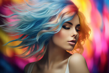 Obraz premium Portrait of a young woman with rainbow-colored hair, bokeh background