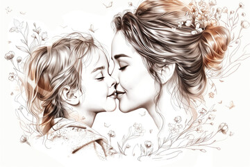 Beautiful happy mother hugs her little daughter. Mother's Day concept. Drawn, black and white