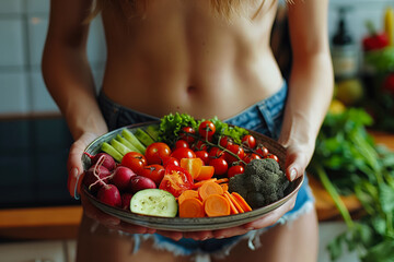 Slim thin woman in underwear holds a plate of vegetables in the kitchen. Healthy nutrition. Weight loss, diet and vegetarian concept.