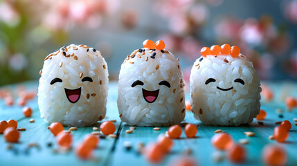 Three sushi with a smiling face. Japanese food concept. Funny food art.