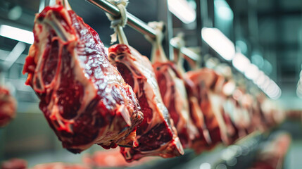 Array of Meat Hanging From Hooks in Meat Processing Plant