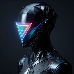 In a striking 3D rendering, a cyborg's head features a glowing triangle, set against a dark background, evoking a futuristic and mysterious ambiance.