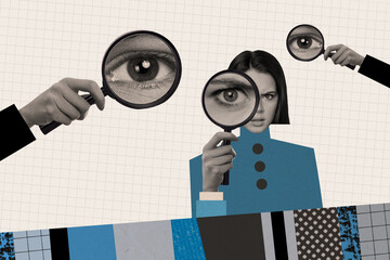 Creative photo collage picture young girl hold zoom magnifying glass enlarger look investigate...