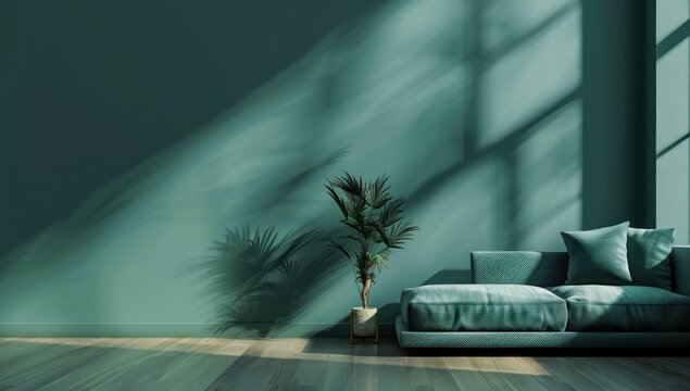 Soft Green Sofa on green background, Modern minimalistic living room interior detail. Cosiness, social media and sale concept, creative advertisement idea and wooden accessories, 3D render, empty room