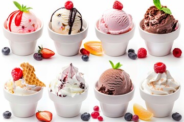 Collection of various delicious ice cream with topping fruit