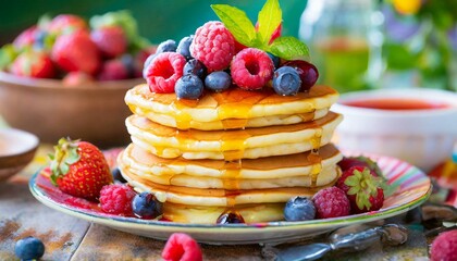 A towering stack of fluffy pancakes topped with fresh berries and drizzled with maple syrup