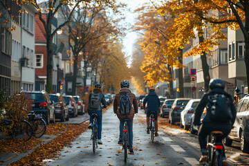 Autumn urban scene with cyclists on a leaf-covered street. Seasonal outdoor activity and lifestyle concept with city environmen