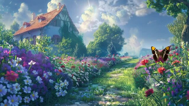 With blooming flowers and fluttering butterflies, this garden creates a romantic and enchanting landscape. seamless looping time lapse animation video background 