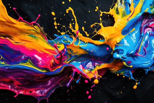 A colorful splash of paint on a black background. The colors are bright and vibrant, creating a sense of energy and excitement