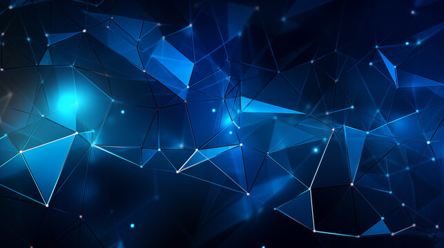 Dynamic blue geometric background image. Virtual space. Network infrastructure desktop wallpaper picture. Poly structure photo backdrop. Glowing dark abstraction concept composition
