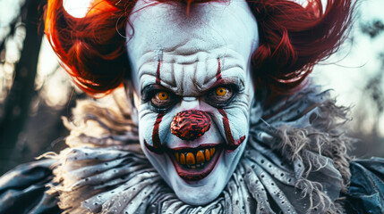 Fiery Gaze: The Haunting Close-up of a Malevolent Clown With Crimson Locks