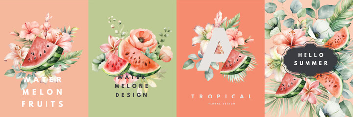 Watercolor floral cards design templates with watermelon - 757235625