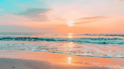 Obraz premium Sea sand beach. Panoramic beach landscape. Inspire tropical beach seascape horizon. Orange and golden sunset sky calmness tranquil relaxing sunlight summer mood. Vacation travel holiday banner.