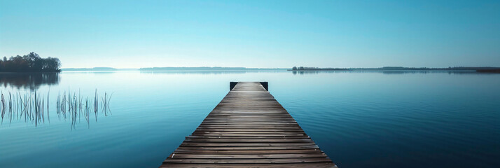 Wooden pier extending into calm lake with clear sky and distant hills. Tranquility and peacefulness concept with copy space. Minimalistic landscape for design and print, meditation and relaxation them