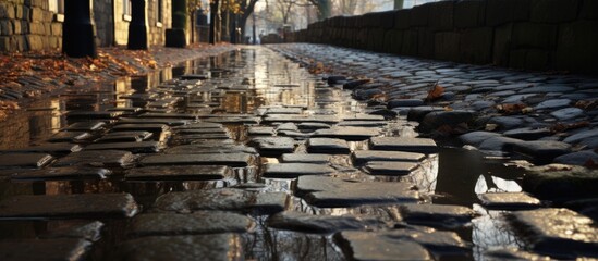 A puddle of water reflects the city buildings, wooden vehicles, and cobblestone streets. The scene...