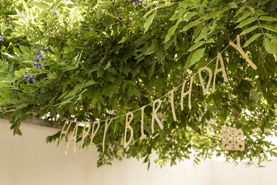 \Happy Birthday\" banner amidst greenery"