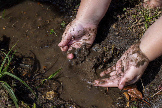 Child's hands covered in mud by a puddle