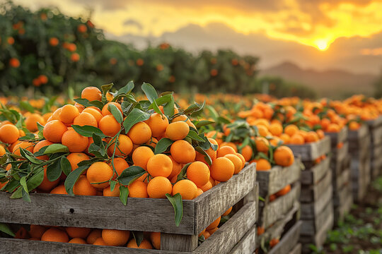 harvest of ripe harvested picking orange tangerines in wooden boxes on a plantation in orchard with sunlight