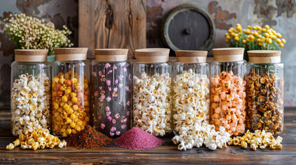 Artfully arranged jars of colorful flavored popcorn against a rustic backdrop