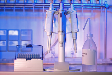 A modern laboratory setup with automated pipetting equipment