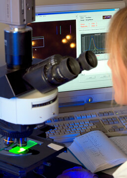 Scientist examining samples under a microscope with computer analysis