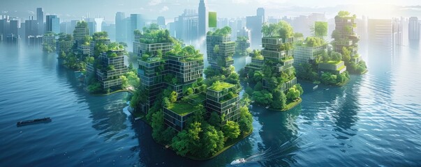 Set against a natural waterfront landscape, modern, green-roofed buildings offer a serene and futuristic glimpse into sustainable living, seamlessly integrated into the environment. - obrazy, fototapety, plakaty