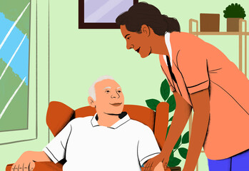 Caregiver assisting happy elderly man at home