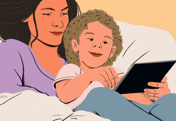 A cozy moment as a mother reads to her child on a tablet.