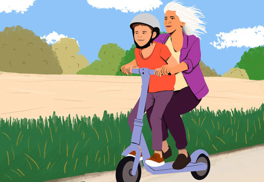 A cheerful grandmother and her grandson enjoying a fun ride together on an electric scooter in the park.