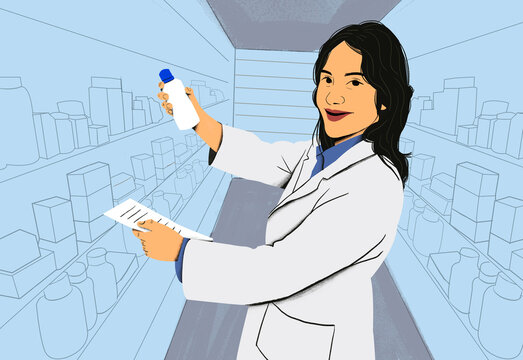 Confident female scientist holding a test tube in a laboratory setting.