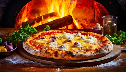 Foto op Plexiglas A rustic Italian wood-fired pizza fresh out of the oven, with bubbling cheese and crispy crust © Craitza