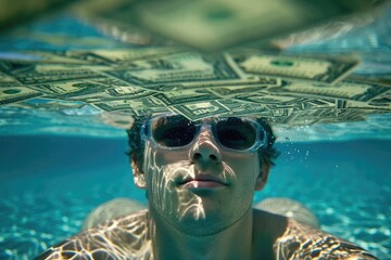 man swimming in a pool with money