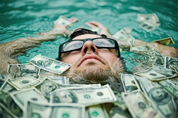 businessman swimming with money. wealth and success concept. To be rolling in money - obrazy, fototapety, plakaty