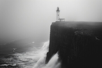 Lighthouse on cliff with powerful waves crashing. Black and white moody seascape. Marine navigation...