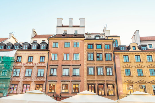 Rows of old colorful historic houses at Old Town Market Square, Warsaw, Poland