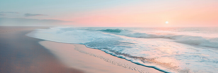 Serene beach sunrise with soft waves. Pastel sky and tranquil sea concept. Panoramic view for calm...