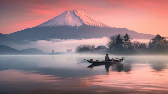 Fuji or Fujisan with silhouette fishing on a boat and fog at Lake Shoji with twilight sky, Yamanashi landscape, Japan