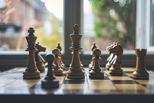 Strategic chess pieces on wooden board in natural light. Conceptual image of planning, competition, and strategy for designs and backgrounds
