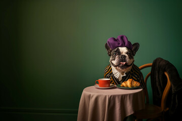 A French bulldog in a brown jacket and a purple beret on his head is sitting in a cafe, and in front of him on the table there is a red salt for coffee and a croissant, the background is green