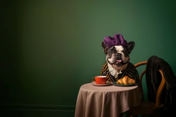 Fotobehang Franse bulldog A French bulldog in a brown jacket and a purple beret on his head is sitting in a cafe, and in front of him on the table there is a red salt for coffee and a croissant, the background is green