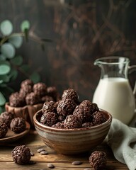 Chocolate cereal balls in a bowl. milk in a jug. generative ai
