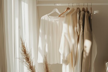 Neutral-toned wardrobe in sunlit room
