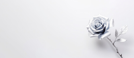 banner one Blooming rose in iridescent metal, White background with space for text , Minimalism, mock up