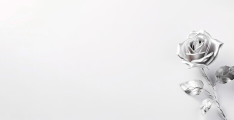 banner one Blooming rose in iridescent metal, White background with space for text , Minimalism, mock up