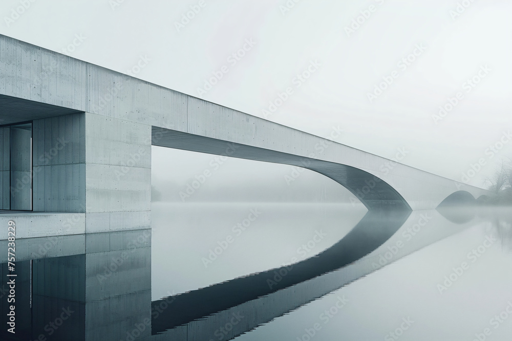 Wall mural modern bridge over calm river in misty morning. minimalistic architecture design. serenity and peace